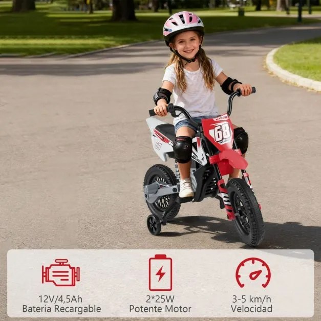 Mota elétrica para crianças 12V com rodas de treino removíveis e suspensão com molas vermelha