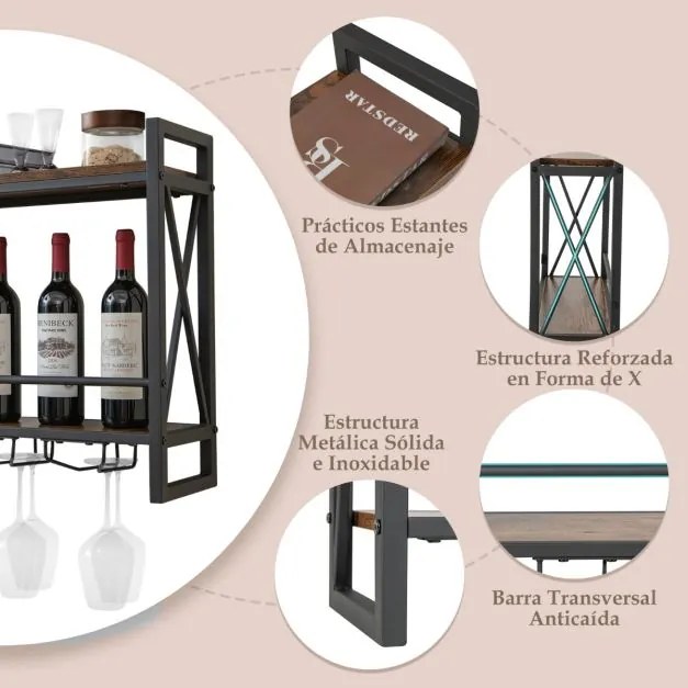 Garrafeira de parede metálica para garrafas de vinho para casa, bar e cozinha 60 x 20 x 55 cm Castanho