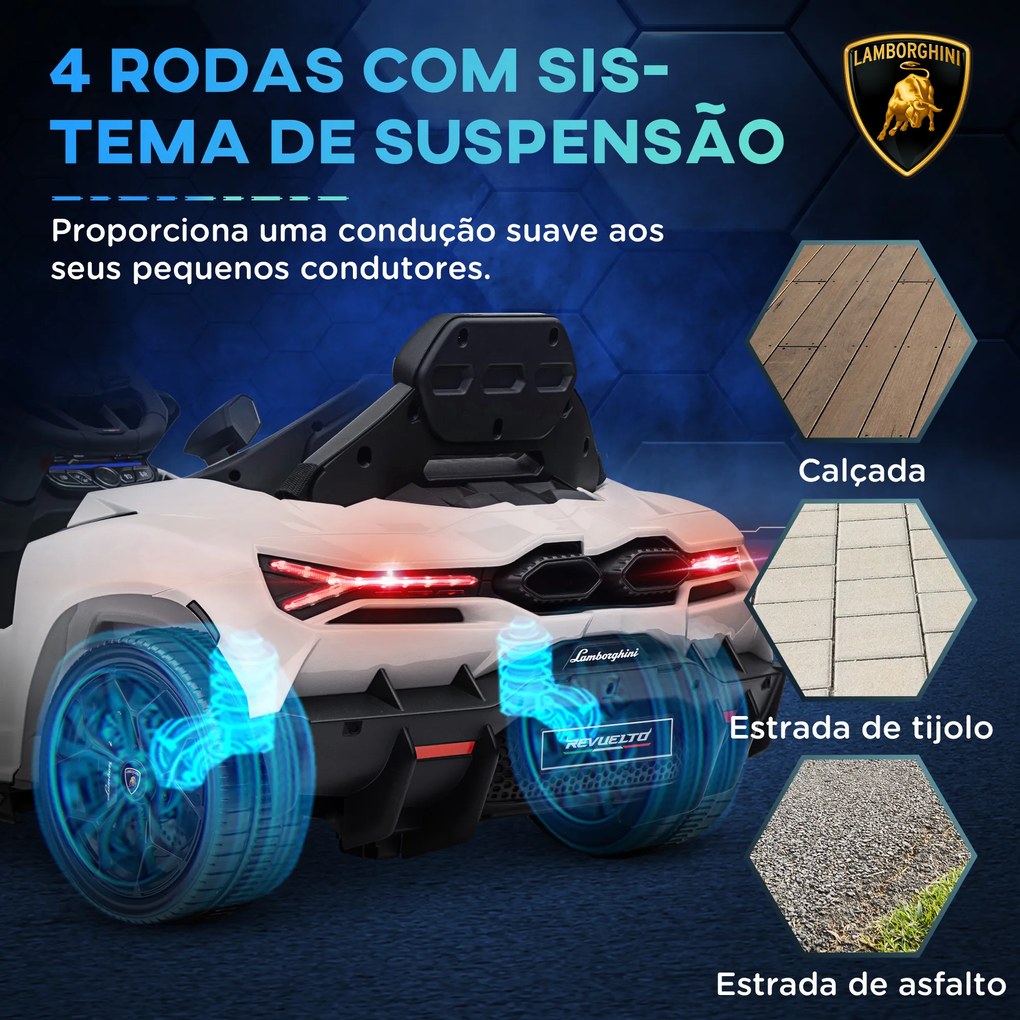 Carro Elétrico para Crianças Carro Lamborghini Revuelto com Bateria 12V  Faróis LED e Música 105x60x40 cm Branco