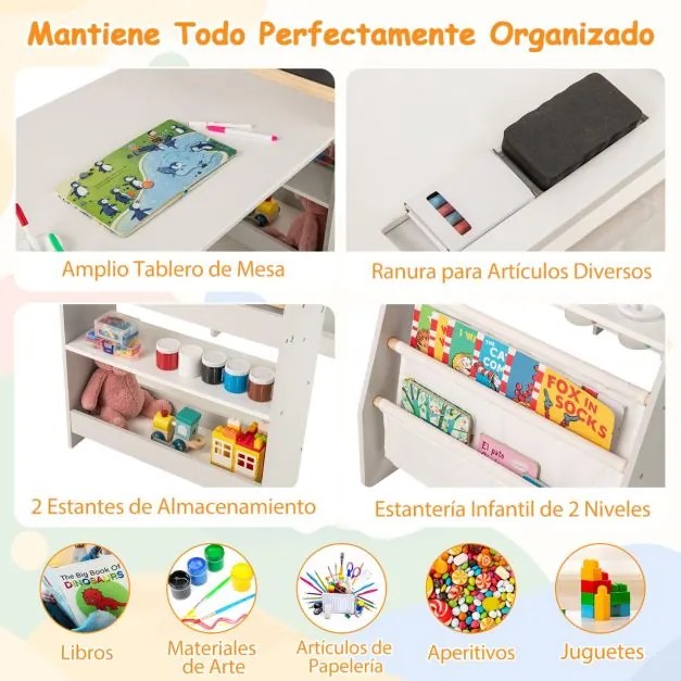 Conjunto de mesa e cadeira artística para crianças com 2 quadros, rolo de papel, copos de tinta, cavalete e cadeira multifuncional cinza e branca