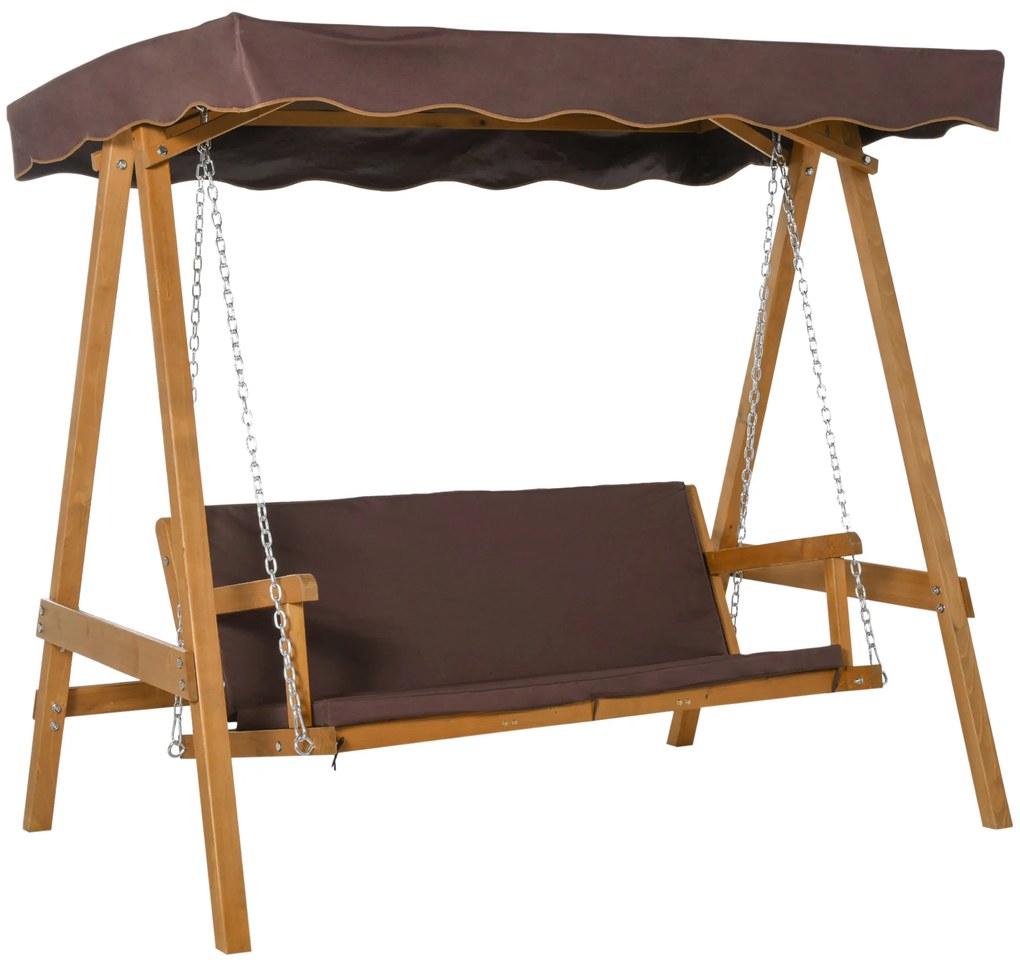 Outsunny Balanço de jardim de madeira para 3 lugares com almofada e encosto acolchoado removível e Ângulo do toldo e altura de assento ajustável ao ar livre 205x130x185 cm marrom