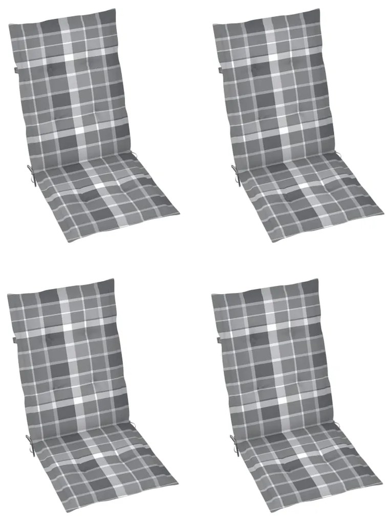 Cadeiras jardim c/ almofadões xadrez cinzento 4 pcs teca maciça