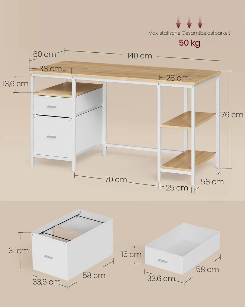 Secretária com 3 prateleiras e 2 gavetas 60 x 140 x 76 cm cor de carvalho natural + branco