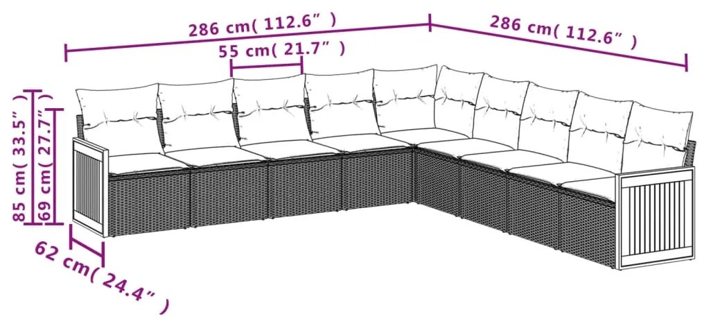 9 pcs conjunto sofás p/ jardim com almofadões vime PE cinzento