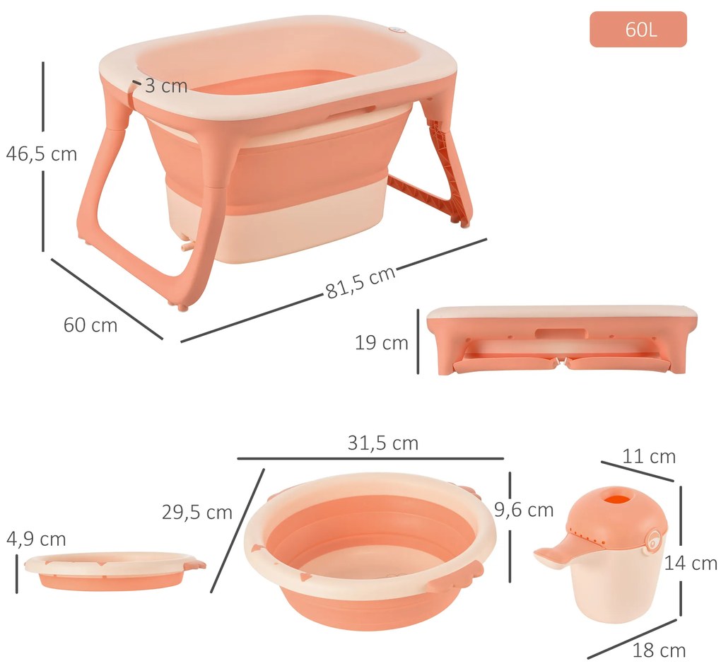 HOMCOM Banheira dobrável e portátil para bebê com recipiente para xampu bacia e banco conjunto de 4 peças de banho81,5x60x46,5 cm Rosa
