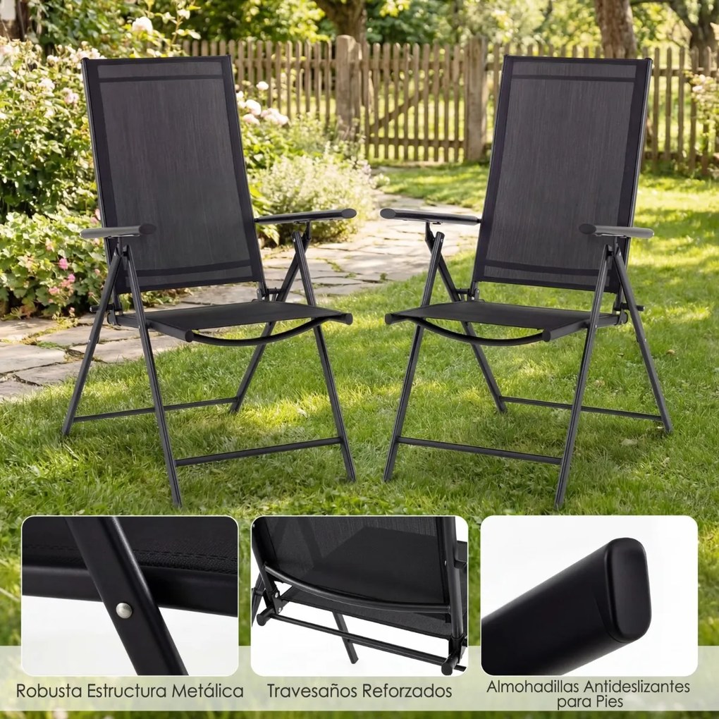 Conjunto de 2 cadeiras dobráveis de jardim (MESA NÃO INCLUIDA) com encosto ajustável em 5 posições, respirável, estrutura metálica, para pátio ou pisc