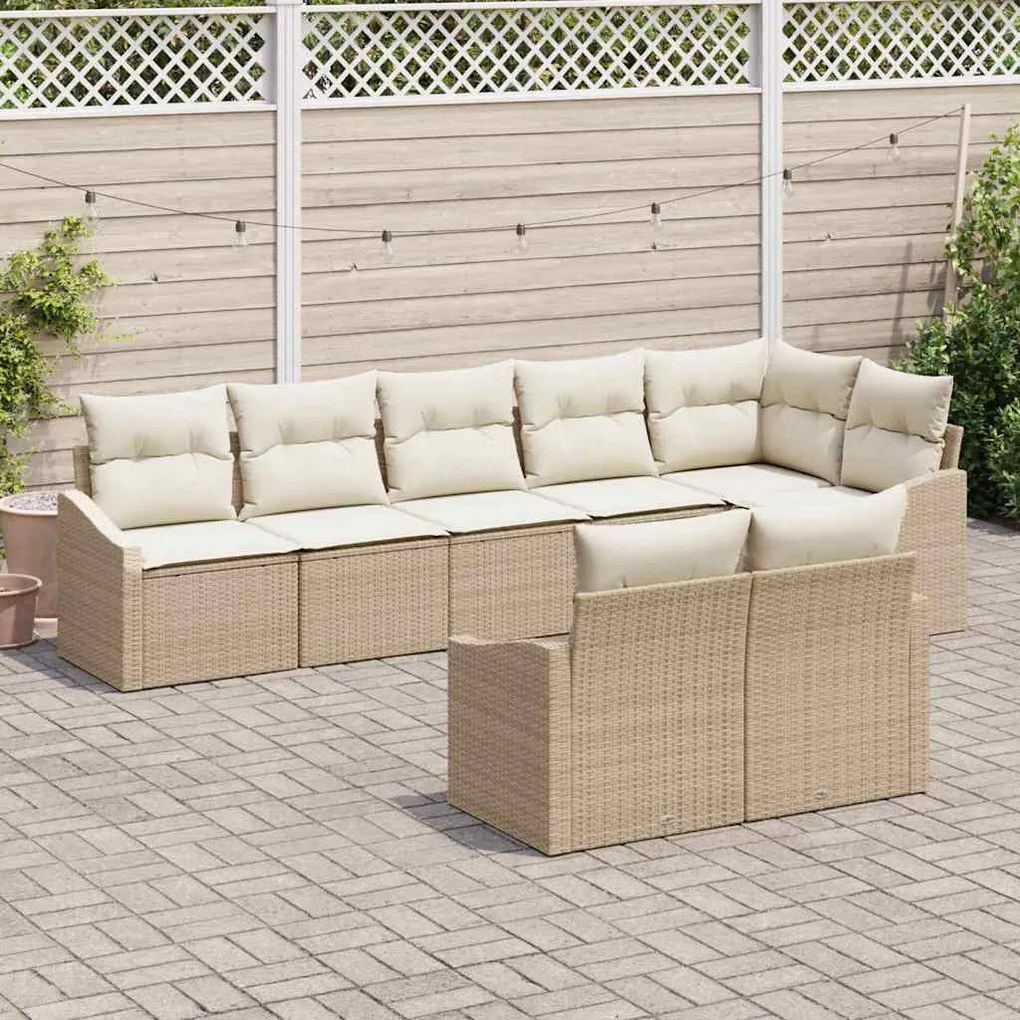 Conjunto de Jardim com 8 Peças e Almofadas Bege em Rattan Sintético