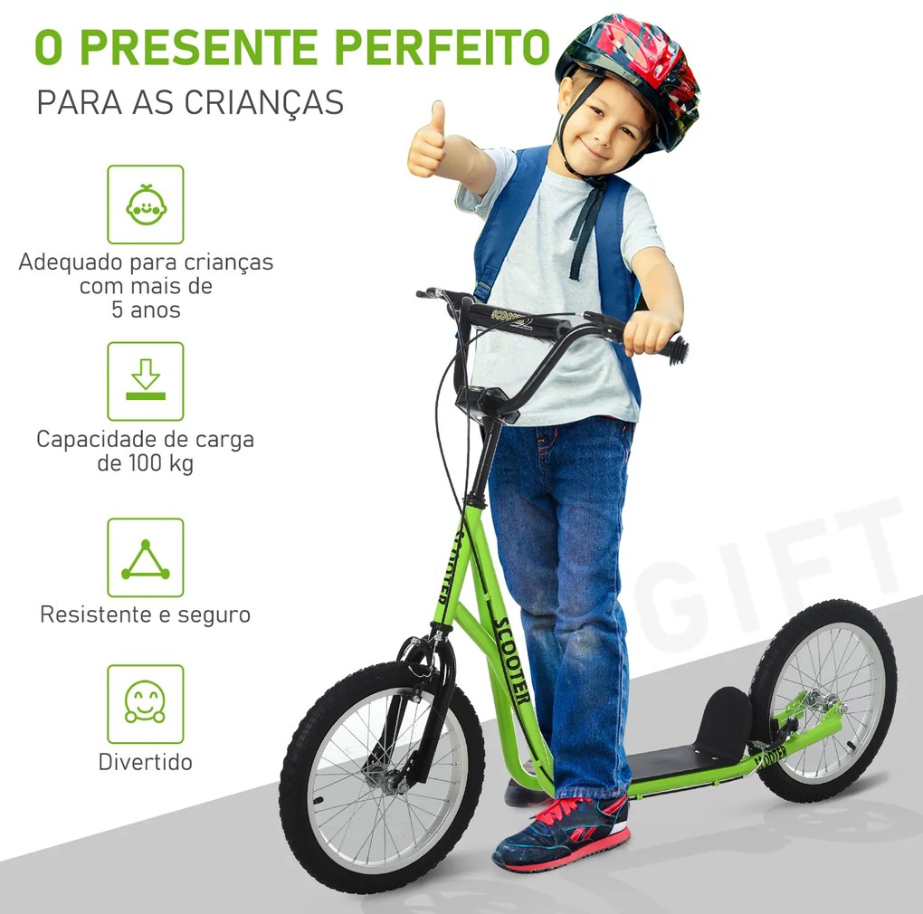 Trotinete com Guiador Ajustável 2 Pneus de Borracha Insufláveis com Travagem Dupla e Rodas 16" 139x58x90-96 cm Verde