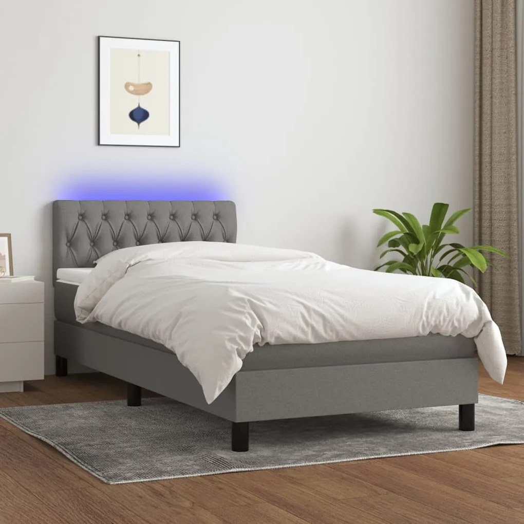 Cama box spring c/ colchão e LED 90x190 cm tecido cinza-escuro