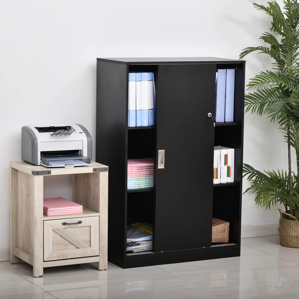Armário de escritório com 2 portas de correr com fechadura, 80 x 40 x 120 cm, 2 prateleiras, painéis de aglomerado preto