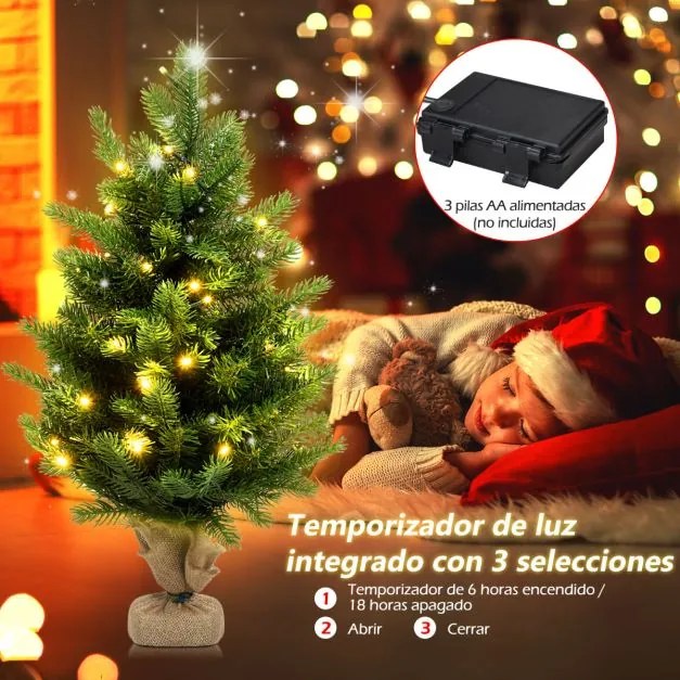 Árvore de Natal artificial de 60 cm com 35 luzes LED e temporizador 234 ramos Base estável Decorações Verde