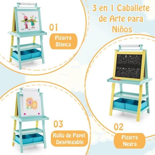 Cavalete infantil de dupla face 3 em 1 com 2 prateleiras 2 caixas e tabuleiro grande 59 x 50 x 117 cm Azul claro