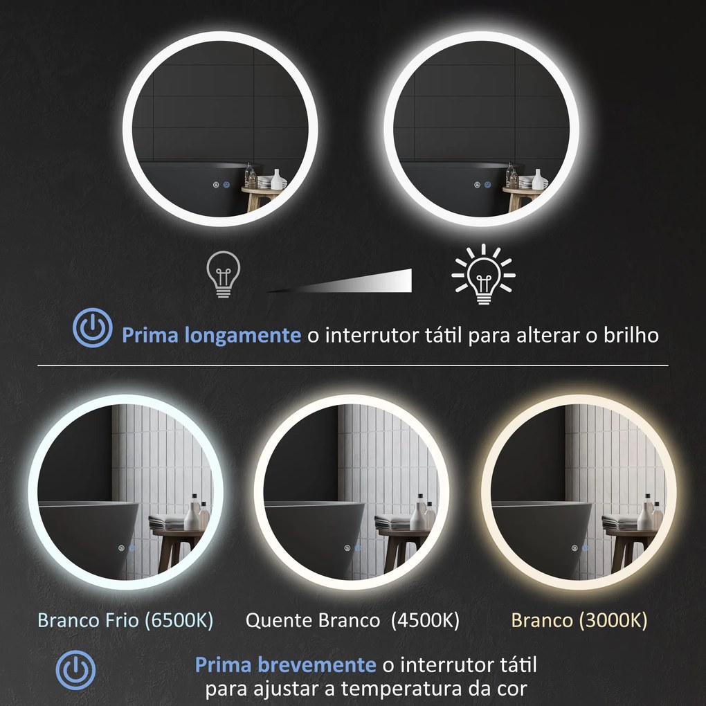 Espelho Casa de Banho Redondo com Luzes LED 70x70 cm Função Antiembaciamento 3 Luzes Função de Memória e Interruptor Prata