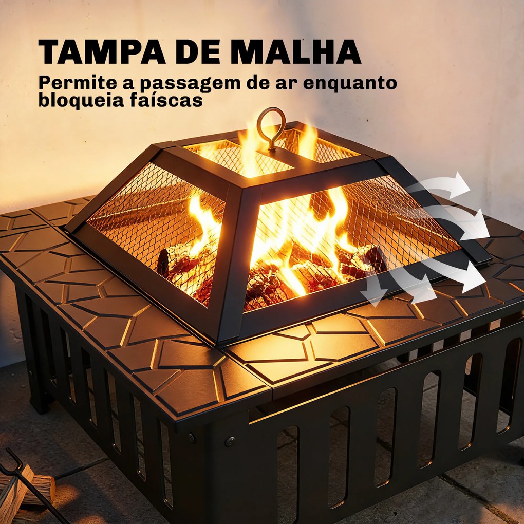 Braseiro Exterior Quadrado em Aço 67x67x47 cm com Atiçador e Tampa de Malha para Festas Preto