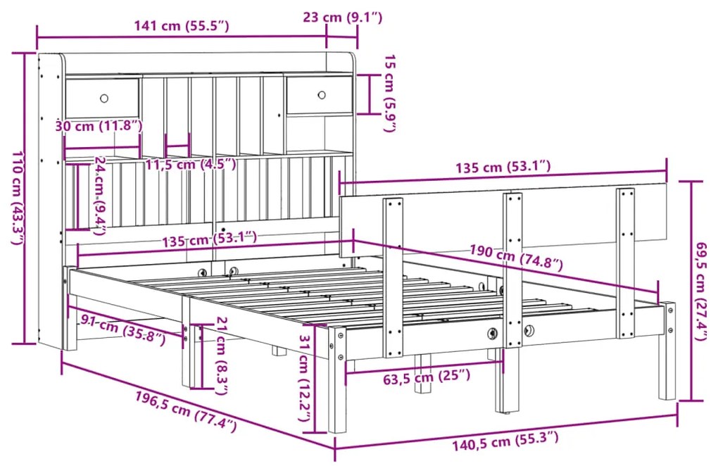 Cama com estante sem colchão 135x190 cm pinho maciço branco