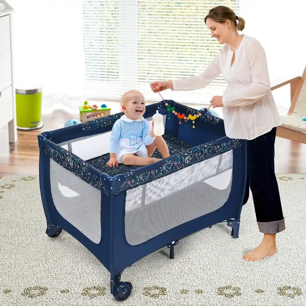 Berço portátil bebés e crianças com altura ajustável e barra