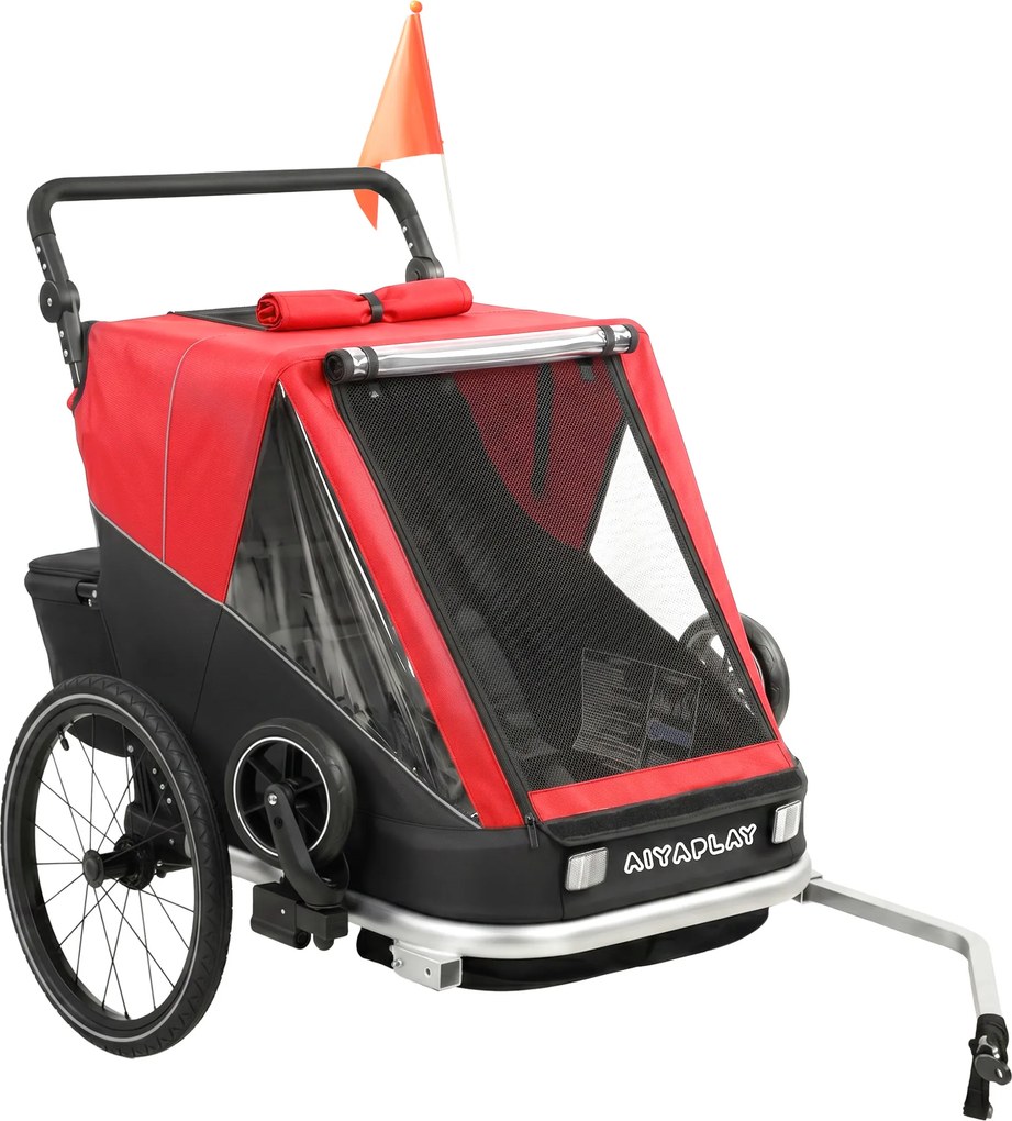 AIYAPLAY Reboque de bicicleta para crianças, 2-Lugares, reboque infantil dobrável 2-em-1 com assento e cintos ajustáveis, Vermelho | Aosom Portugal