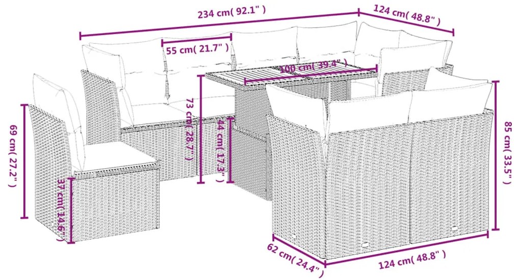 9 pcs conjunto de sofás p/ jardim com almofadões vime PE bege