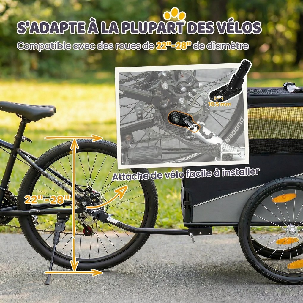 Reboque para bicicleta 139 x 72 x 88 cm para cães, fixação universal, refletores, bandeira, trela, cinzento e preto
