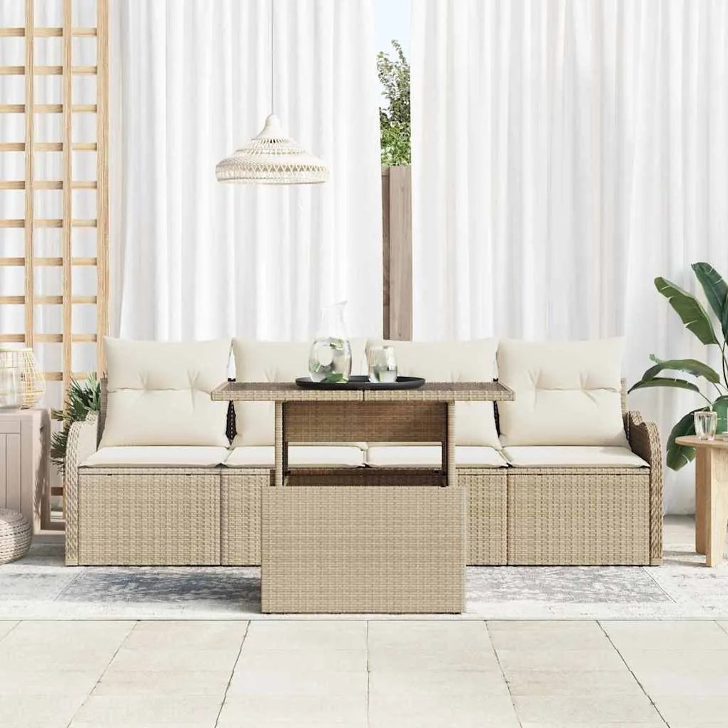 Conjunto de Sofá de Jardim 5 Peças com Almofadas Bege em Rattan Sintét