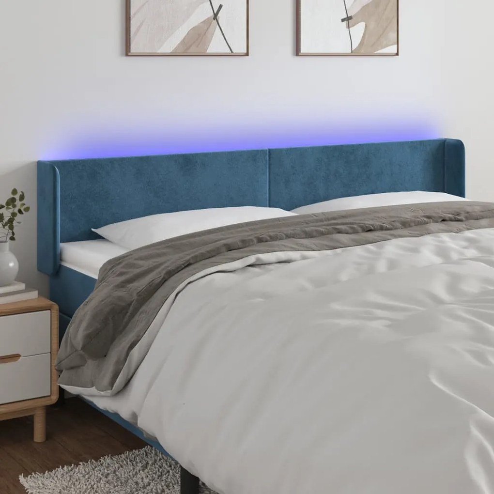 Cabeceira cama c/ luzes LED veludo 183x16x78/88 cm azul-escuro