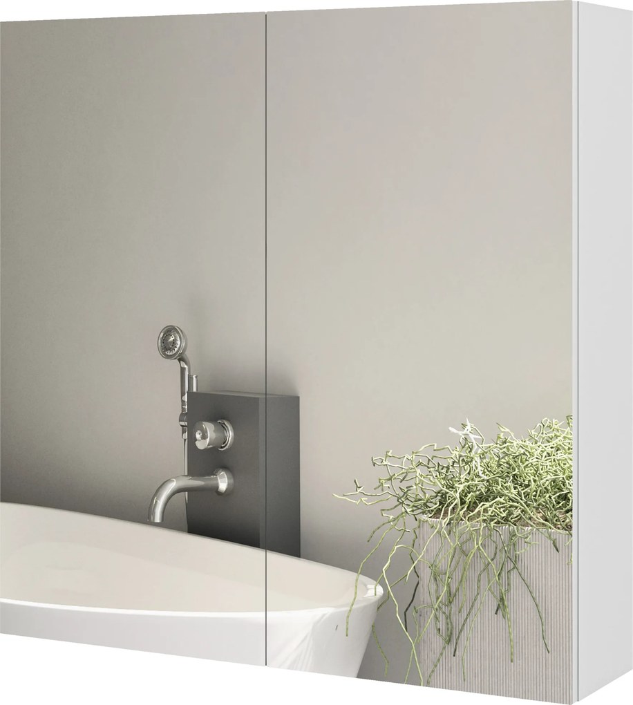 Armário de parede para casa de banho com espelho 60 x 15 x 60 cm, armário de arrumação com 2 portas e 3 níveis, prateleira ajustável, branco