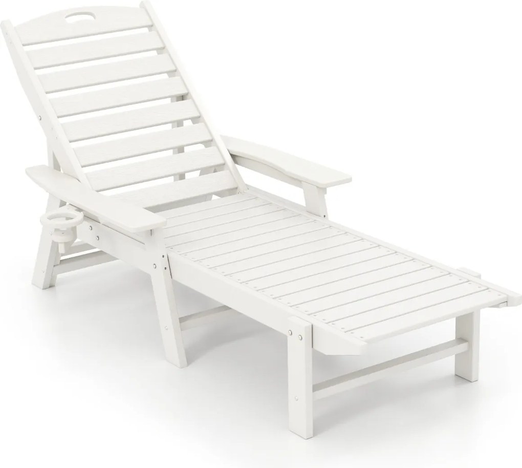 Espreguiçadeira com encosto ajustável em 4 posições, porta-copos e apoios de braços para piscina ou jardim 196-169 x 75 x 31,5-65 cm branca