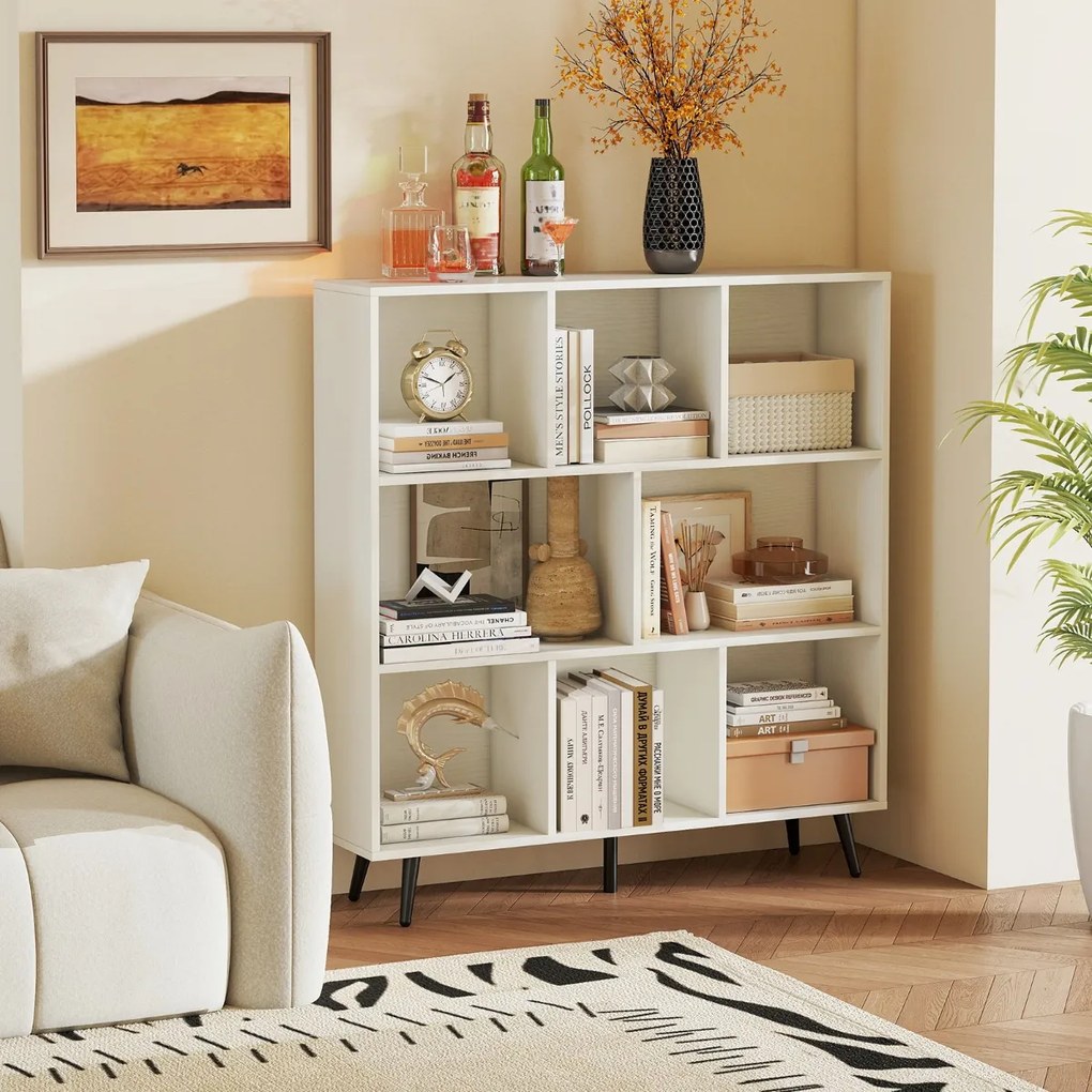 Estante de 3 níveis com 8 cubos, 4 pés de metal e dispositivo anti-capotamento para sala de estar ou escritório 100 x 24 x 107 cm branco