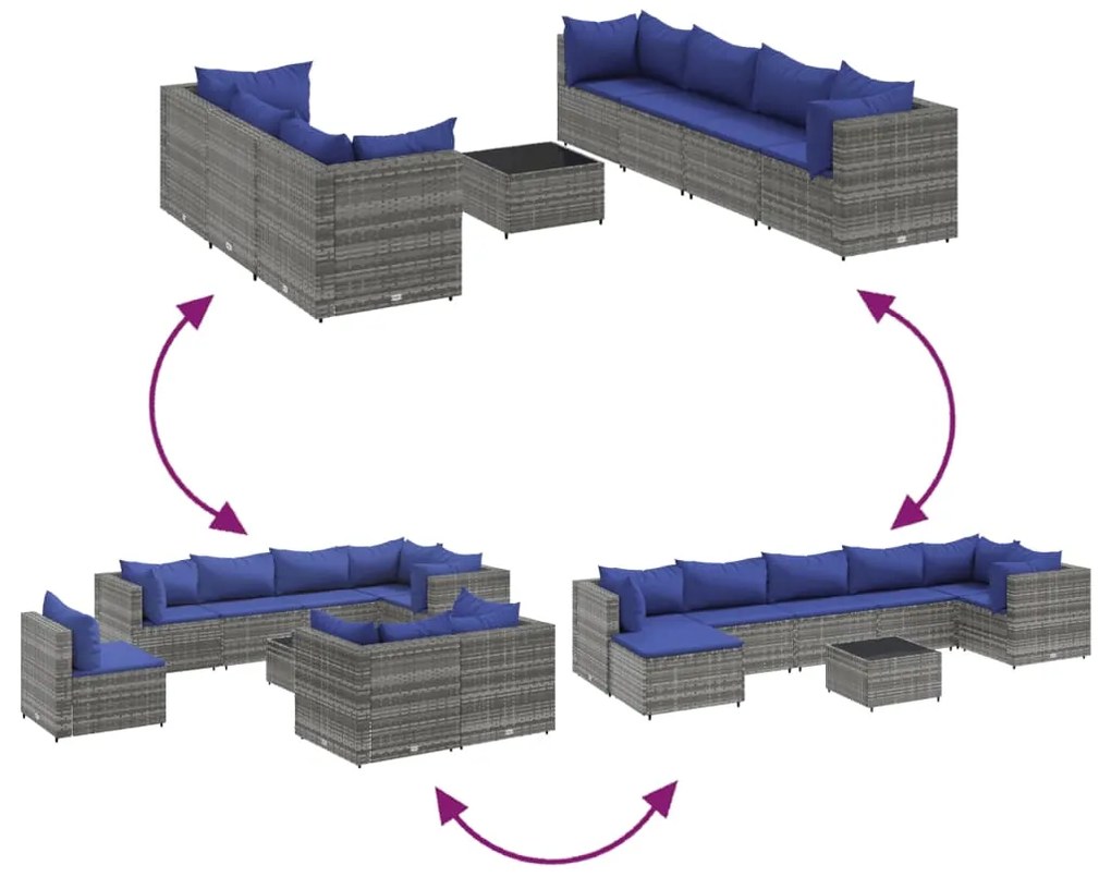 8 pcs conjunto lounge de jardim c/ almofadões vime PE cinzento