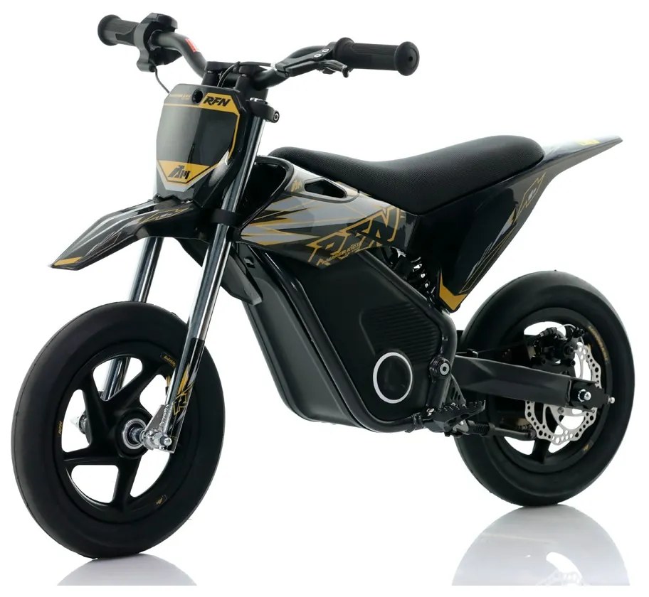 Mini moto eléctrica velocidade até 13 Km/h C/Limitador RFN Warrior Kids SX-E150 150W 12/12” Supermotard Preto e Dourada