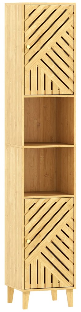 Coluna de Casa de Banho Estreita Armário de Casa de Banho Alto com Portas e Pés de Bambu 32x30x170 cm Madeira