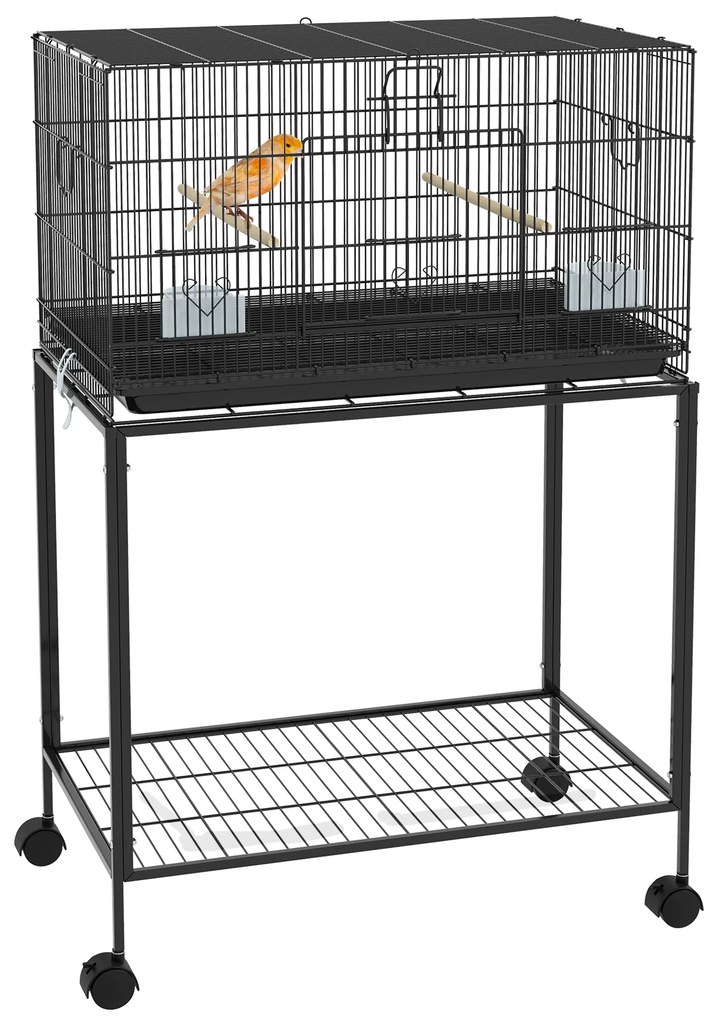 Gaiola para Pássaros com Rodas 77x46x119 cm Bandeja Amovível 2 Poleiros 2 Comedouros e Prateleira de Armazenamento Preto