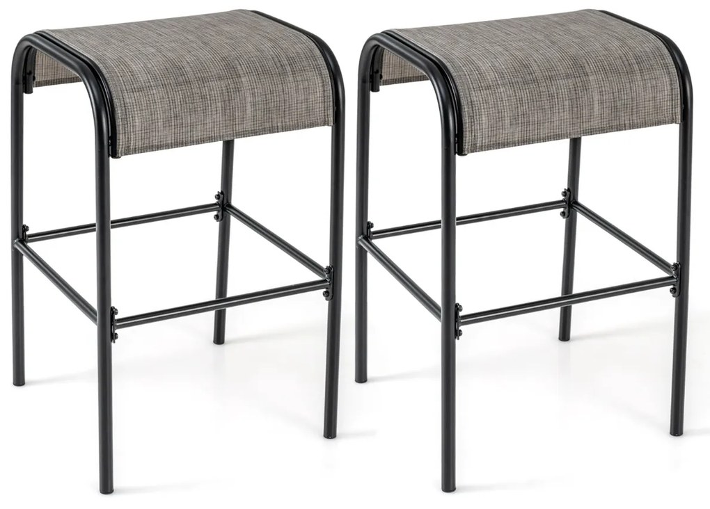 Conjunto de 2 bancos de bar em metal com 76 cm de altura e assento de tecido curvo sem encosto para pátio exterior, varanda e piscina Castanho + Preto
