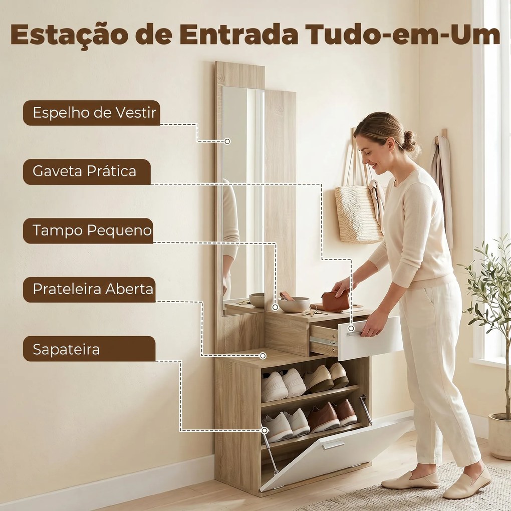 Móvel de Entrada com Espelho Sapateira Basculante Assento Gaveta e Compartimento Aberto 61x30x170 cm Branco