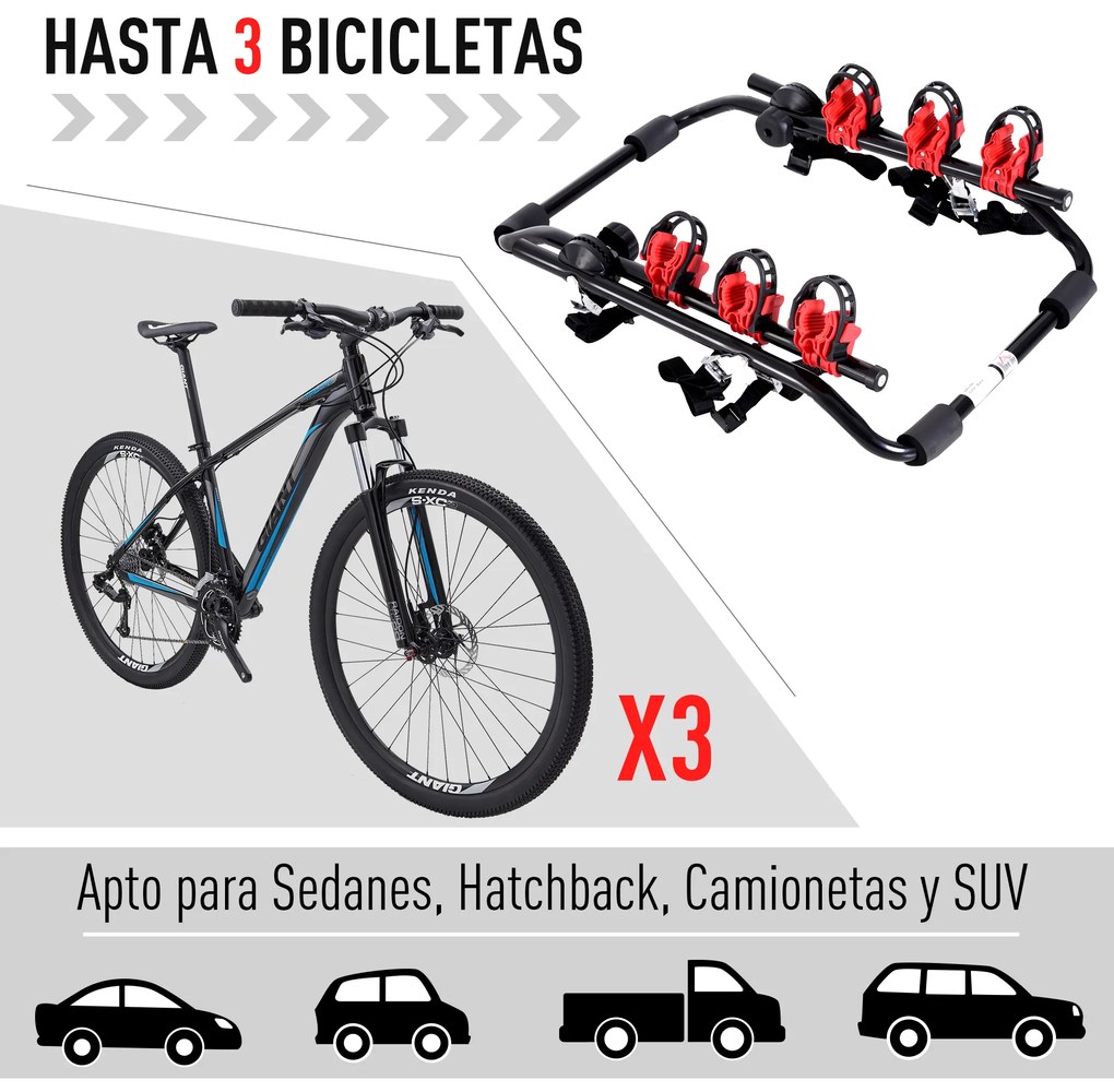 HOMCOM Suporte para Bicicletas Traseiro Dobrável com Correias Até 3 Bicicletas Suporte de Bicicleta Universal Carga 40 kg 68x52x60 cm Aço e Alumínio