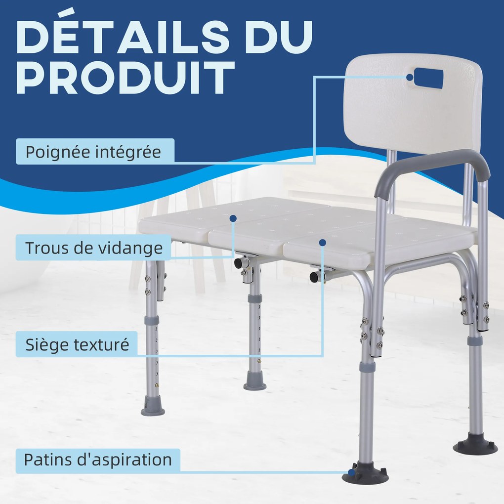 Banco de duche com encosto ergonómico, altura ajustável, pés antiderrapantes, assento amplo, carga máxima de 136 kg, 74 x 53 x 80-92 cm, branco