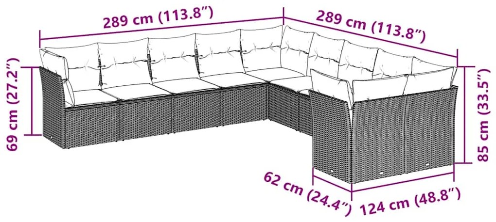 10 pcs conj. sofás jardim com almofadões vime PE cinzento-claro
