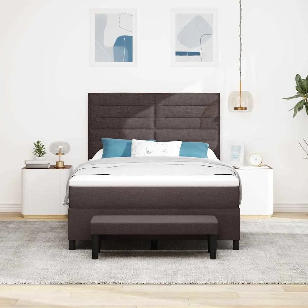 Cama Box Spring com Colchão &amp; Banco Castanho 140x200 cm Tecido