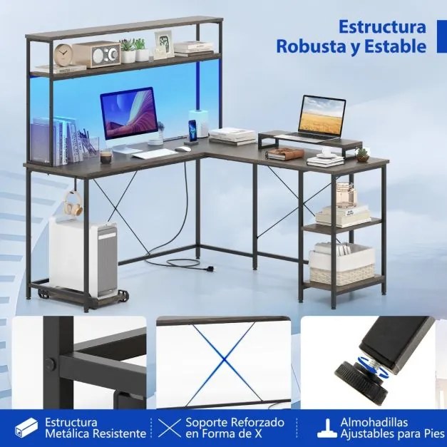 Secretária 145 x 145 x 147 cm em forma de L convertível com tomadas e portas USB e iluminação inteligente cinzento