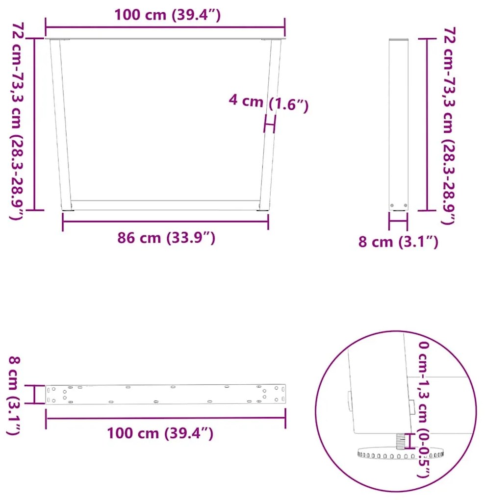 Pés para mesa de jantar em forma de V, 2 peças, antracite, 100x(72-73,