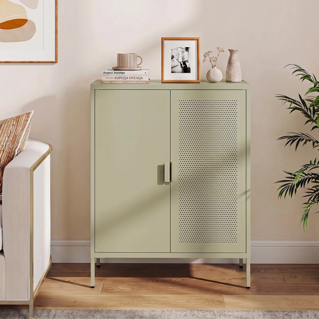 Aparador de Duas Portas, 80 x 35 x 102 cm, Prateleiras Ajustáveis, Verde