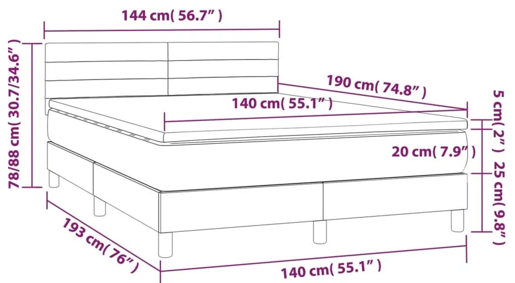 Cama box spring c/ colchão/LED 140x190cm veludo cinzento-escuro