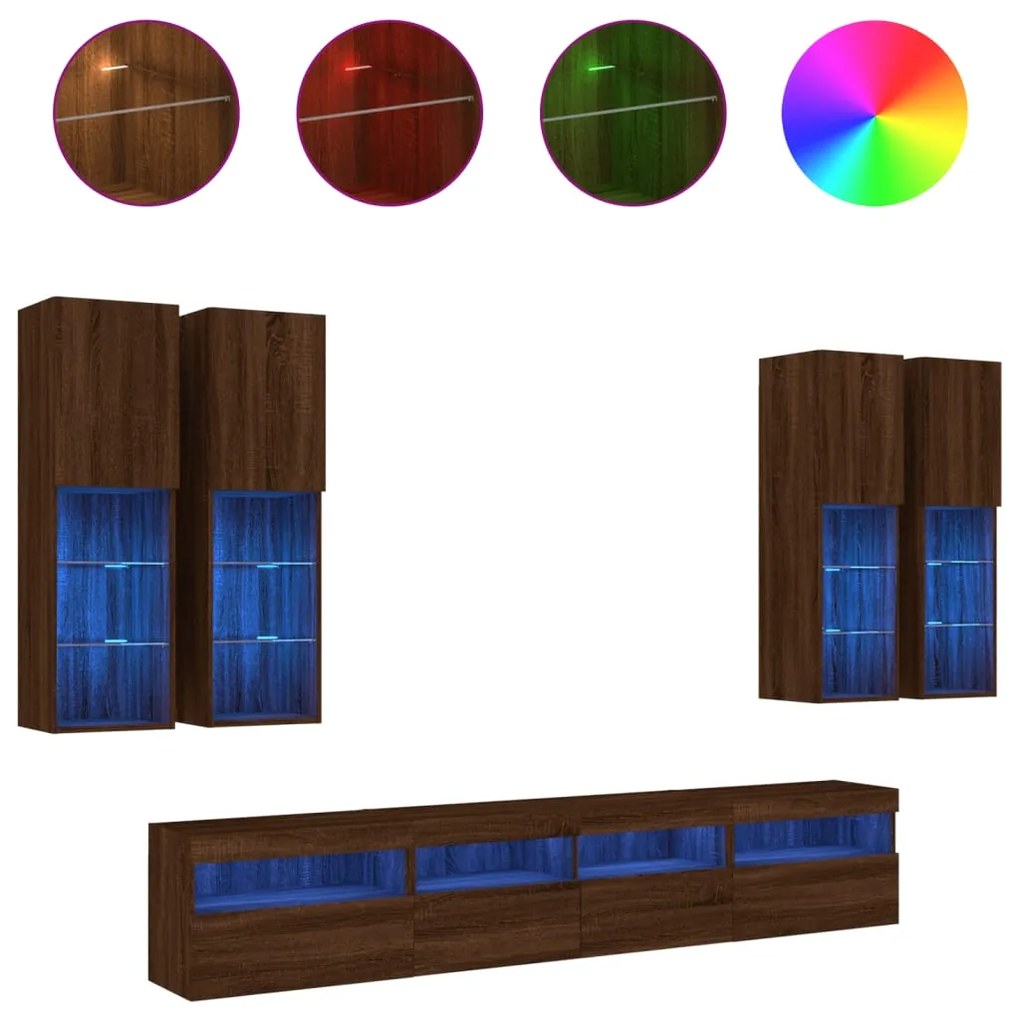 vidaXL 7 pcs conj. móveis de parede p/ TV luzes LED carvalho castanho