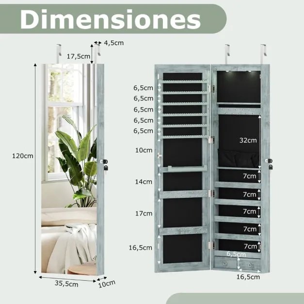 Armário de joias em madeira com espelho de parede e LED interno Organizador de porta ou parede com chave 35,5 x 10 x 120 cm Azul