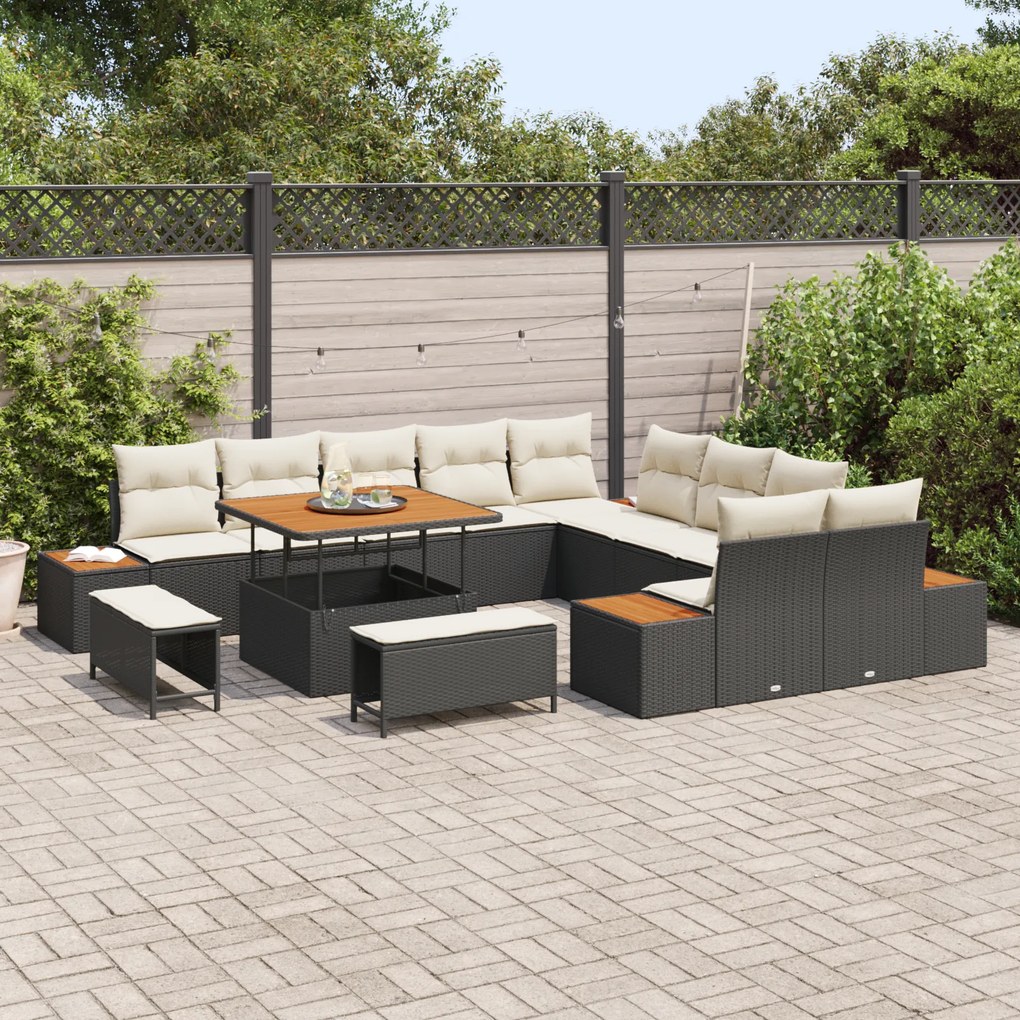 Conjunto de Sofá de Jardim vidaXL com Almofadas Preto Rattan Poli Acác