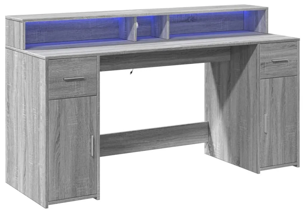 Secretária luzes LED 160x55x91cm deriv. madeira cinzento sonoma