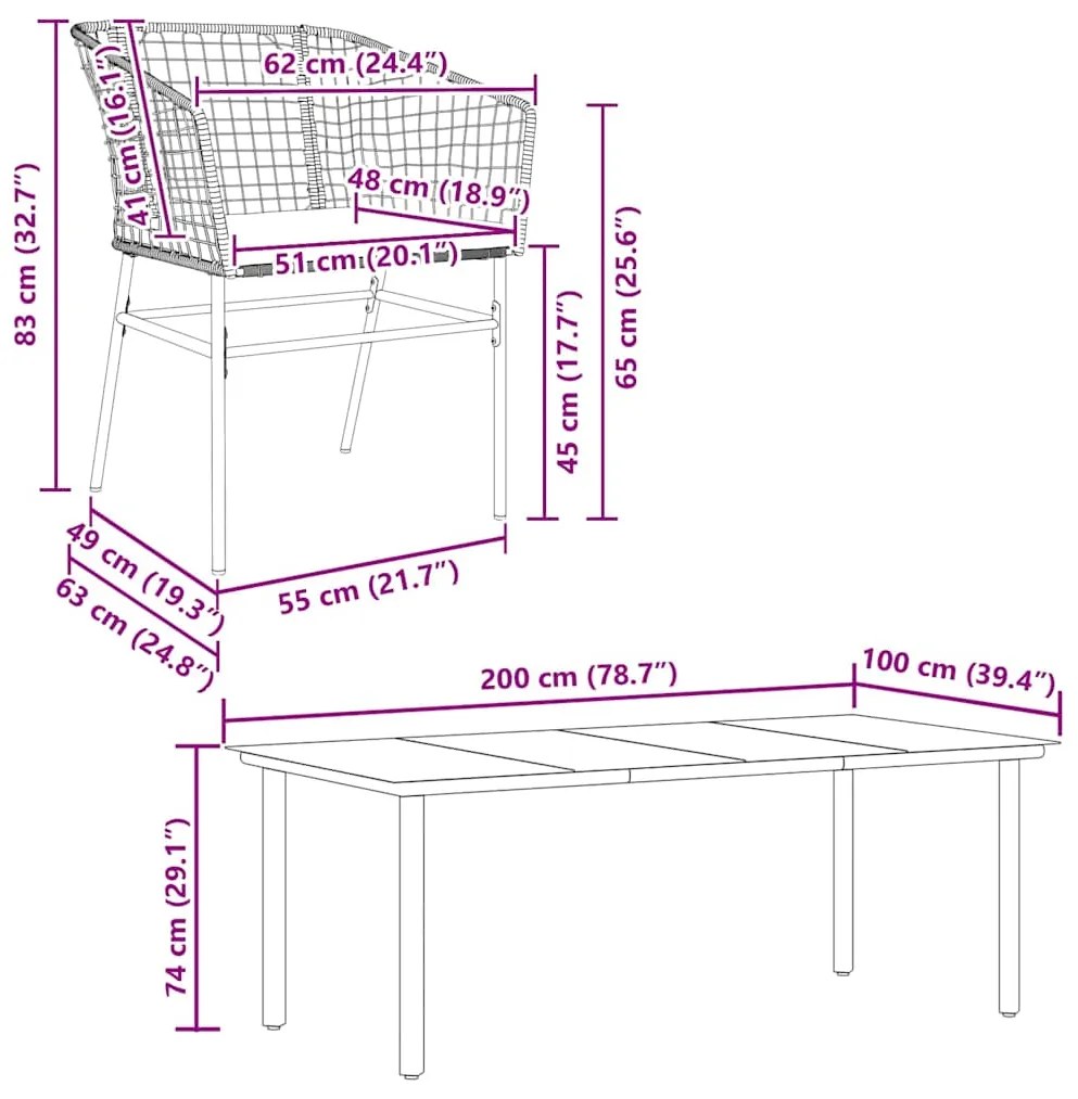 Conjunto de jantar jardim 9 peças almofadas vidro vime PE preto