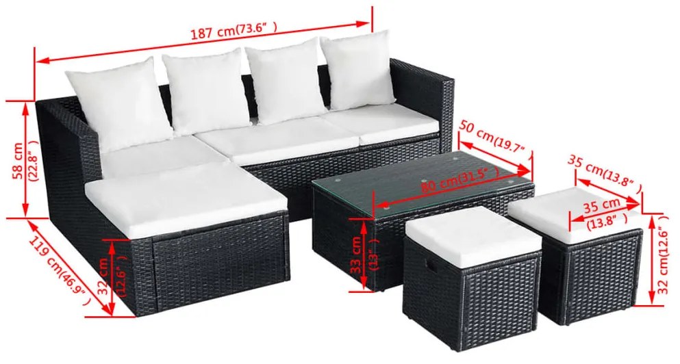 4 pcs conjunto lounge de jardim c/ almofadões vime PE preto