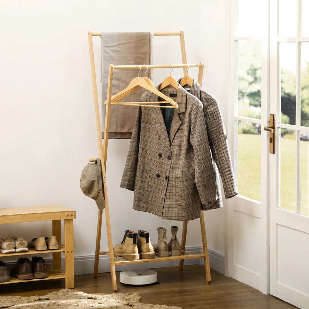 HOMCOM Suporte para Cabides de Bambu Porta Cabides com Prateleira para Sapatos 2 Barras e 2 Ganchos para Corredor Entrada Dormitório 74x42x150 cm Madeira