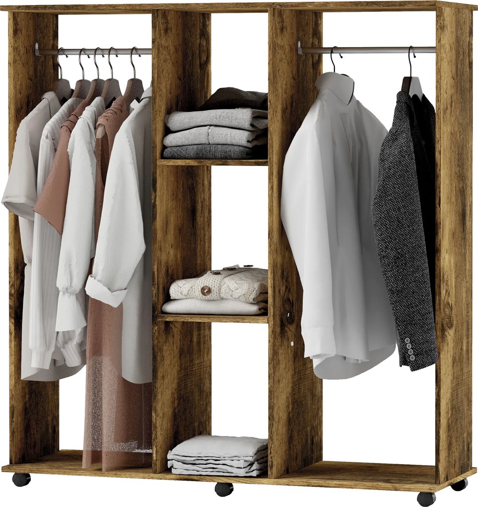 Guarda roupa aberto móvel de arrumação com rodas, 6 rodas, 120 x 40 x 128 cm, em madeira castanha